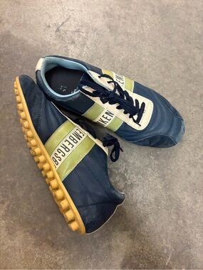Bikkembergs Men's Navy Blue Athletic Sneakers with Yellow Gum Sole
